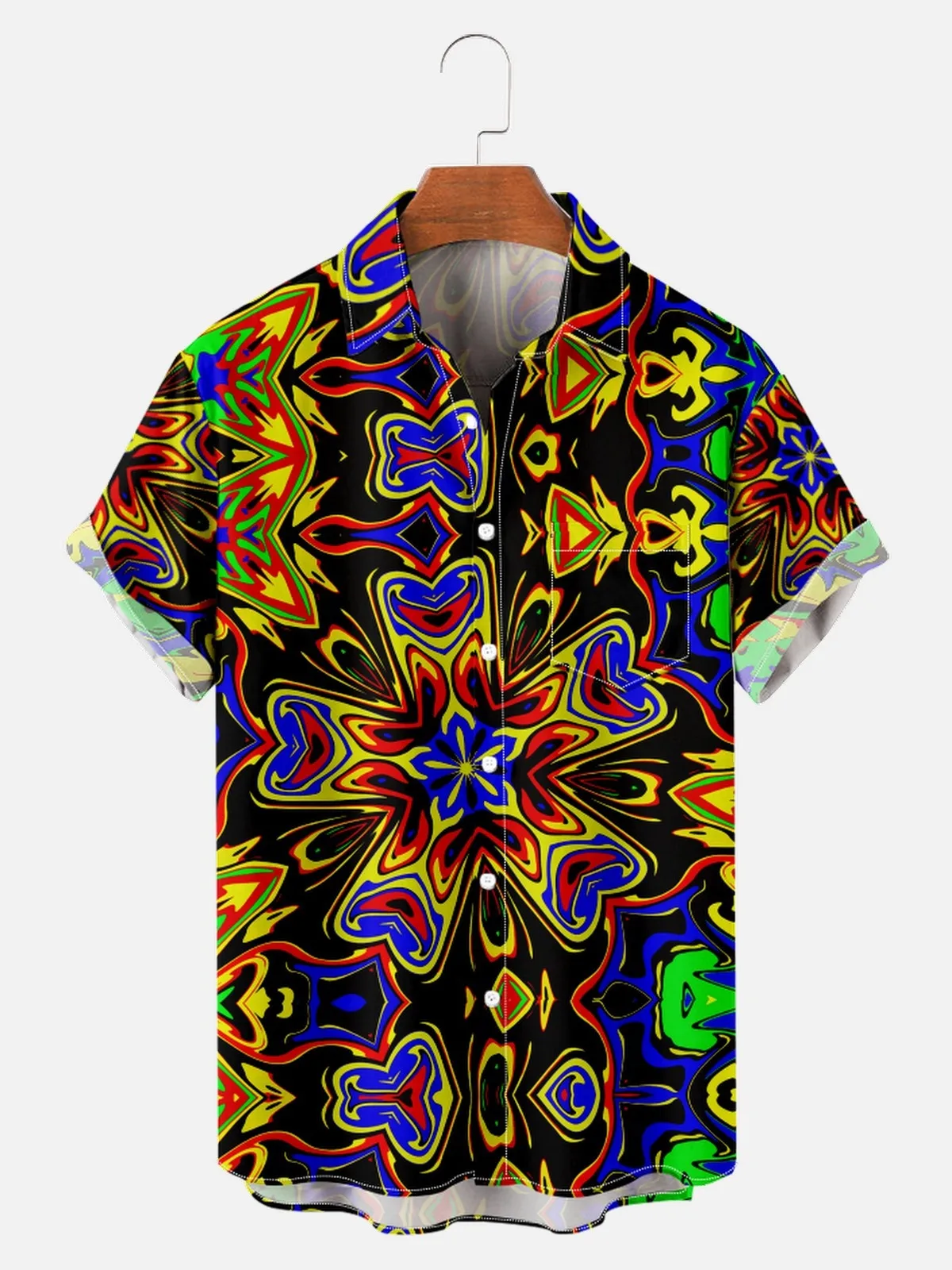 

New Short-sleeved Shirt Kaleidoscope Print Plus Size 3D Digital Print Men's Tops with Pocket Vintage Style