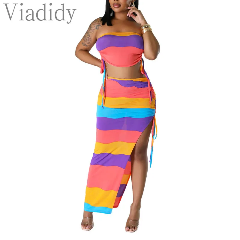 Женский Повседневный сексуальный топ-бандо в полоску и Асимметричная Макси-юбка