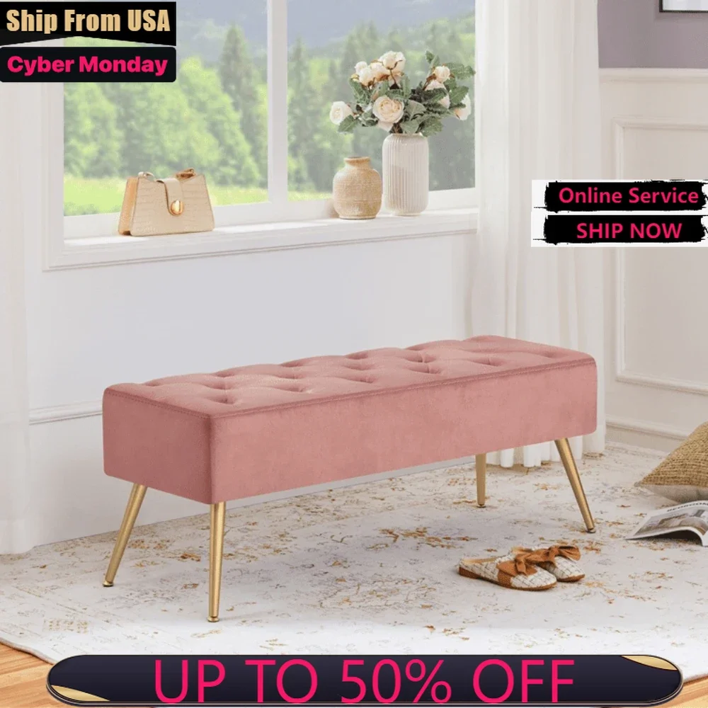 

Modern Ottoman Velvet Footstool Bench for Bedroom, Pink