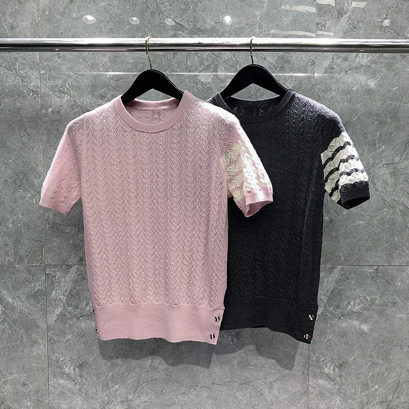 TB THOM T-shirts Harajuku Korean Fashion Women's Tops 4-bar Stripes Crewneck Solid Blouses Hrajuku Streetwear T Shirt