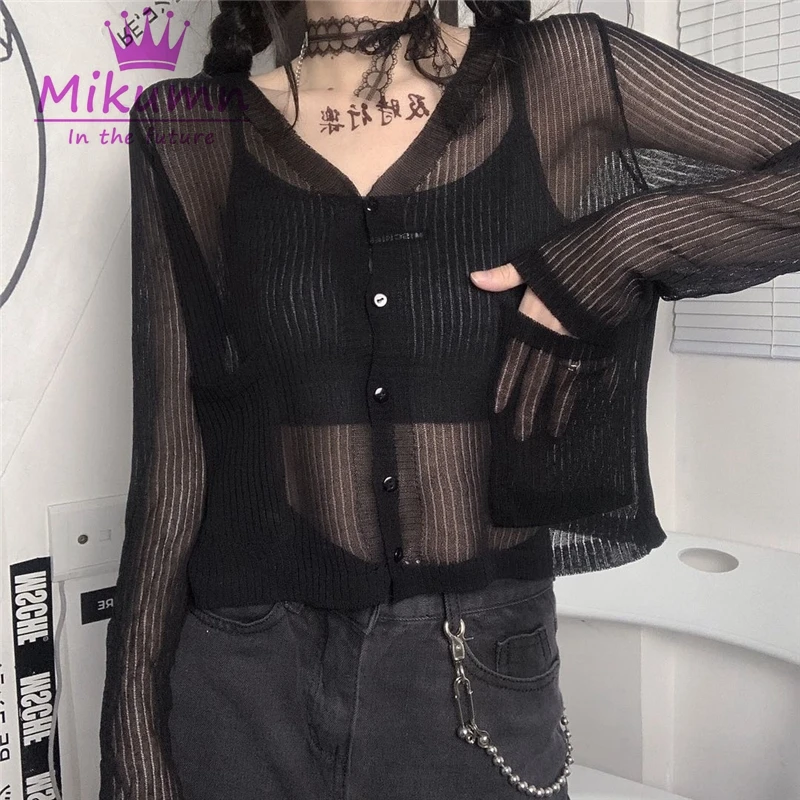 

Женский прозрачный кардиган Harajuku, однотонный тонкий кардиган с длинным рукавом, готические черные рубашки, летняя Солнцезащитная женская р...