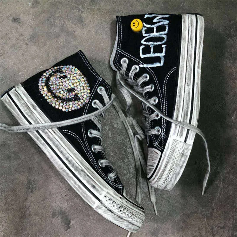 

Новая высококачественная Женская парусиновая наклейка в стиле хип-хоп, улыбающееся лицо, сверло, тяжелая работа, старые оригинальные туфли ...