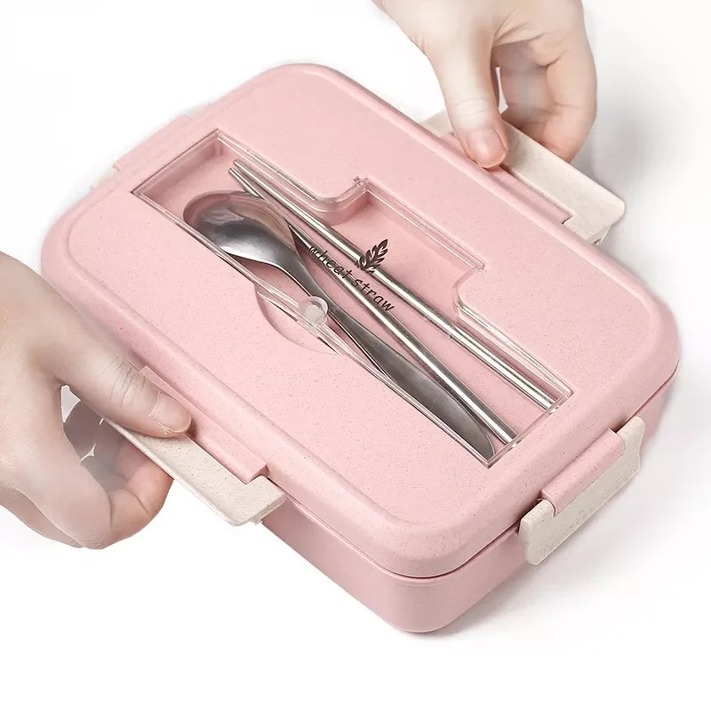 

2023NEW Lunch Box Wheat Straw Dinnerware with Spoon Chopsticks Food Storage Container Children Kids School Office Bento Box