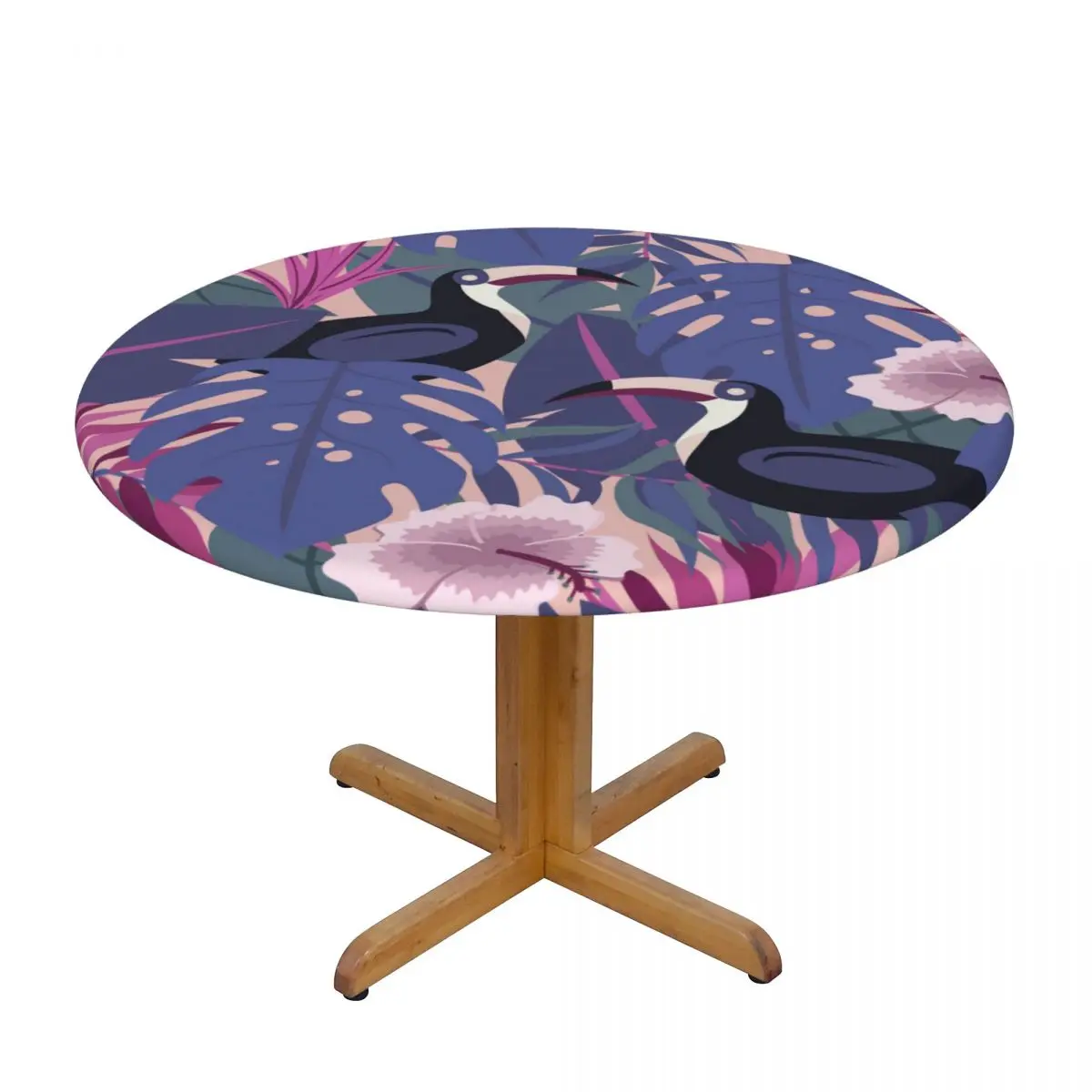 

Tropical Forest Birds And Flowers Waterproof Polyester Round Tablecloth Catering Fitted Table Cover with Elastic Edged