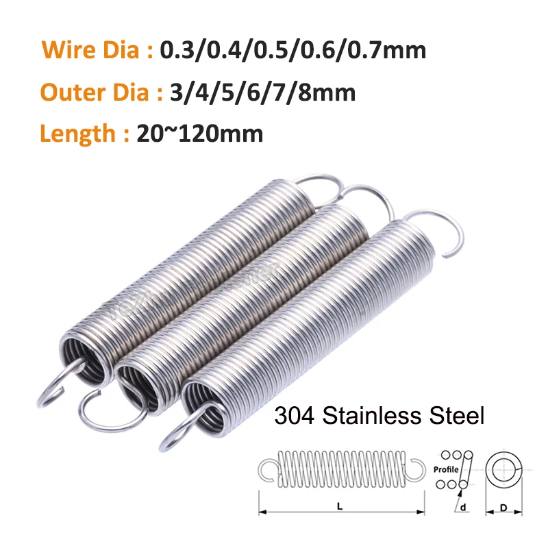 

5pcs 304SS Open Hook Tension Extension Stretching Small Steel Toys Spring Wire Dia 0.3/0.4/0.5/0.6/0.7mm OD 3~8mm Length 20~120m