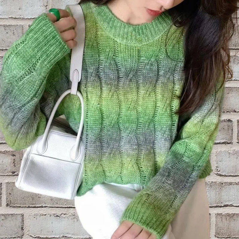 

New Round Neck Long Sleeve Knitted sweater Casual Pullover Sweater Women Autumn gradient sweater Korean Bottoming Shirt