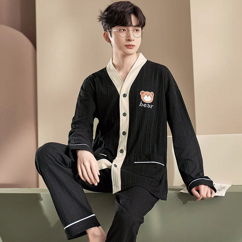 Men's suit pajamas, new spring and autumn days, long-sleeved cotton, high-grade home clothes, can be worn in large sizes
