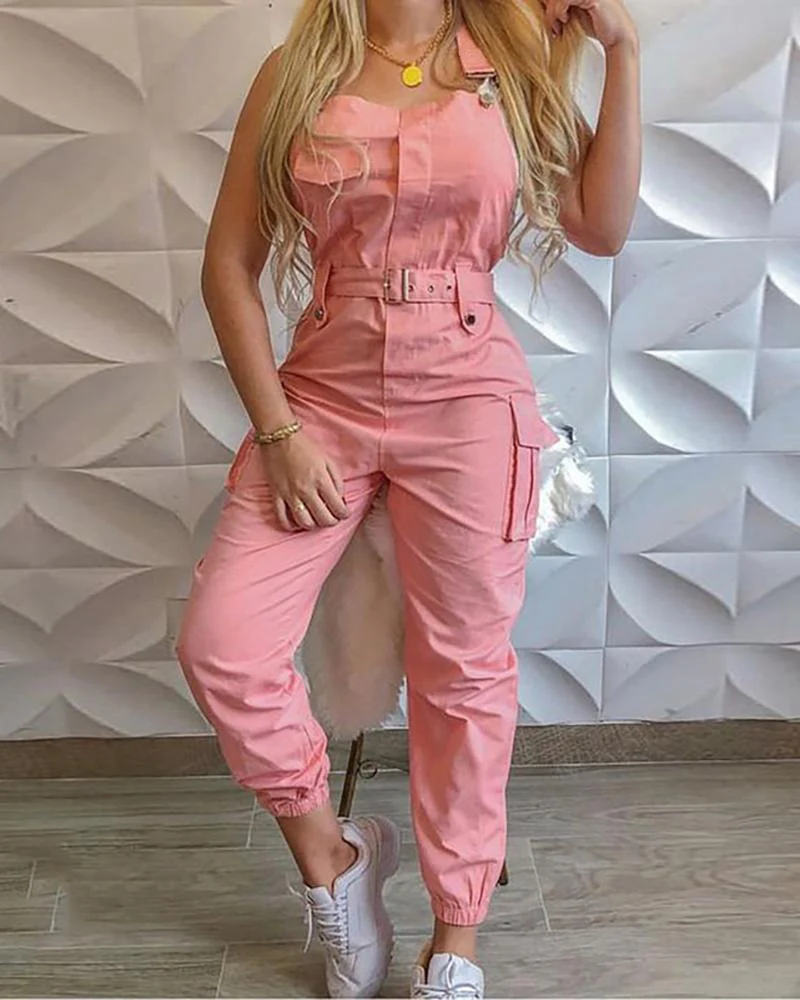 

Overalls Female Summer V Neck Pocket Buckle Design Sleeveless Casual Cargo Suspender Jumpsuit Women Holiday Sexy One Piece Suit