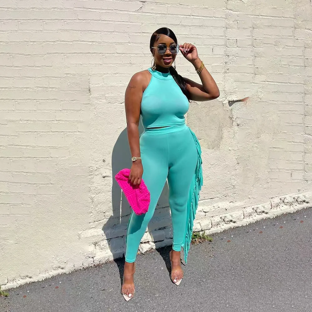 

Summer Halter Sleeveless Tshirt Tassel Pants Set Two Piece Suit Fringe Slim Trousers Summer Spring Matching 2pcs Outfits Women