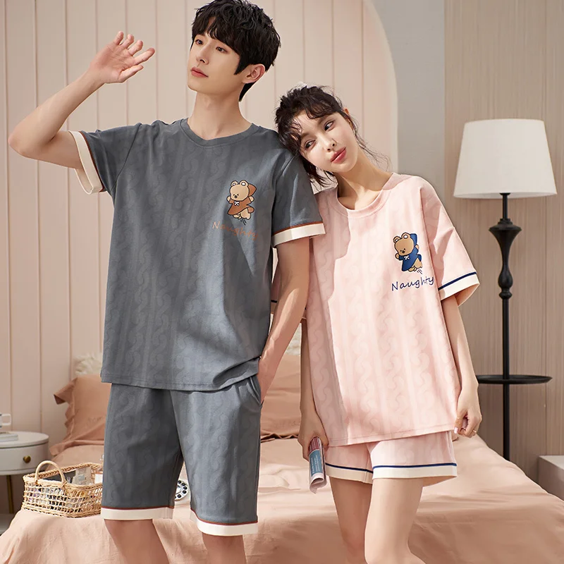 

New Sort Sleeve Sleepwear Couple Men and Women Matcin ome Set Cotton Pjs Cartoon Prints Leisure Nitwear Pajamas for Summer