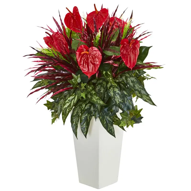 

33in. Mixed Anthurium Artificial Plant in White Tower Vase, Red