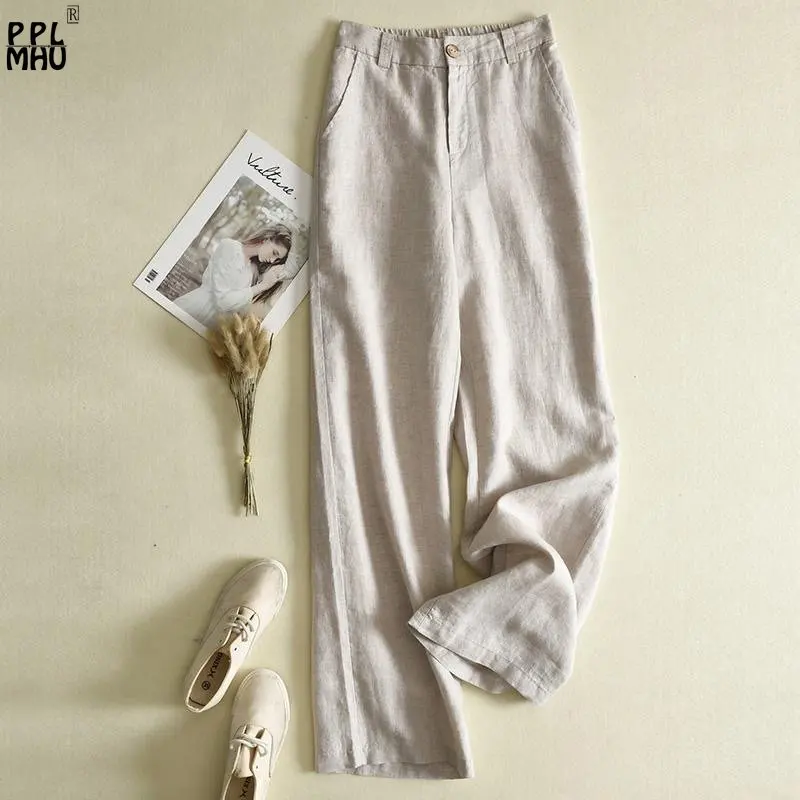 

Белые/бежевые/черные хлопковые льняные брюки, элегантные Прямые спортивные брюки, новинка 2023, Harajuku, мешковатые широкие брюки с высокой талией для женщин