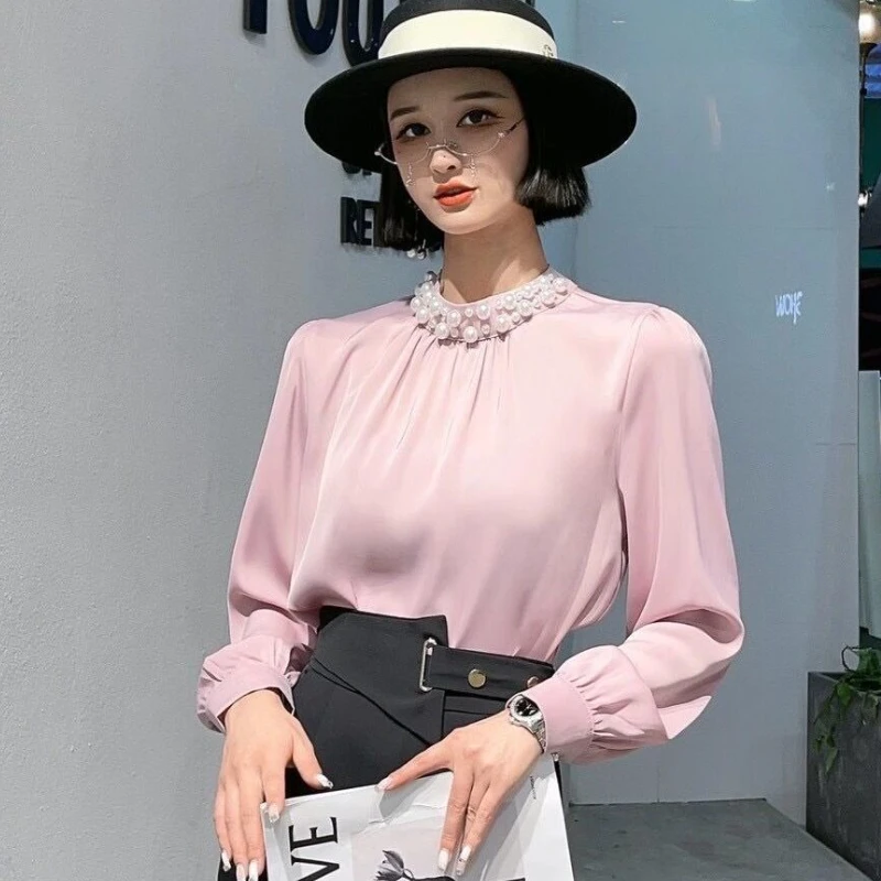 

Women Autumn Pearls Beaded Collar Stand Collar Shirts Faux Silk Flowers Diamonds Blouses Long-sleeved Satin Shirt OL Tops Blusas