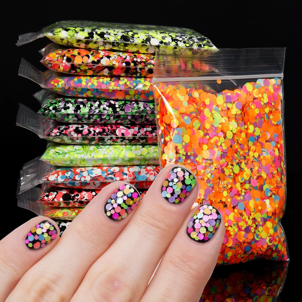 

50g/Bag Neon Mixed Size Circle Nail Sequin Ultra-thin Colorful Dot Shape Glitter Paillettes Fluorescent Color Manicure Accessory