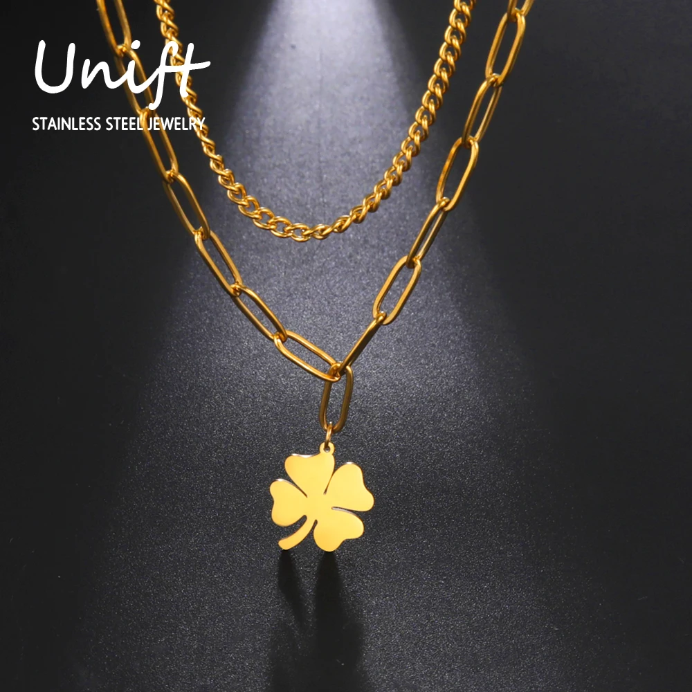 Unift Lucky Leaf Clover Подвеска Ожерелье Многослойное Колье Из Нержавеющей Стали