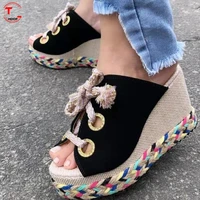 ladies slippers summer 2022 platform wedge mid heels lace up open toe fashion slippers beach outdoor ladies shoes zapatos de muj