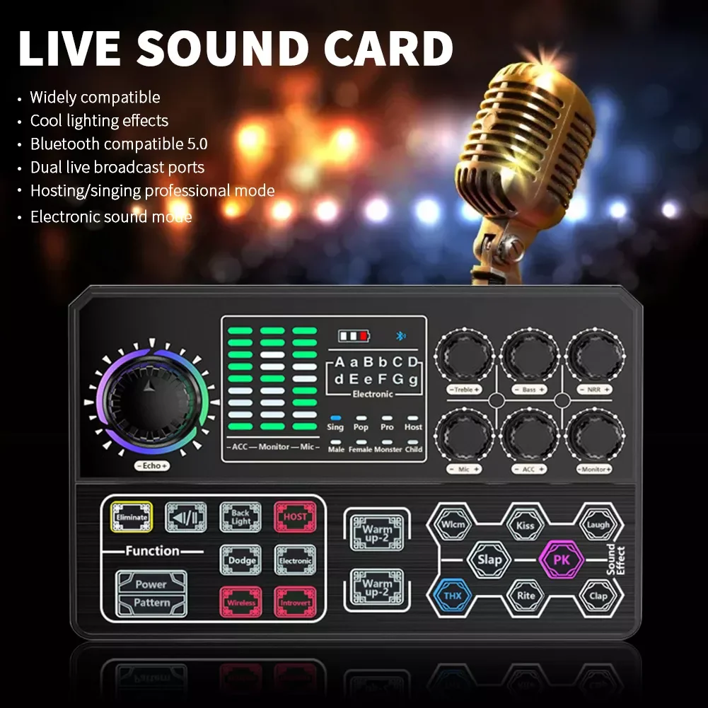 Live Sound Card External Phone Bluetooth5.0 Compatible Computer With Effects Noise Reduction Lighting Singing Dual Port enlarge