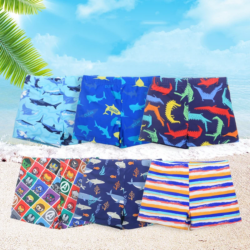 

2023 Summer New Children Swimming Trunks Cap Boy Korean Cartoon Small Medium Large Child Drawstring Flat Angle Beach Trousers