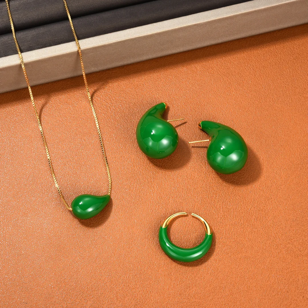 

Brass Luxy Green Enamel Water Drop Earrings Women Jewelry Punk Designer Runway Rare Gown Boho Japan Korean