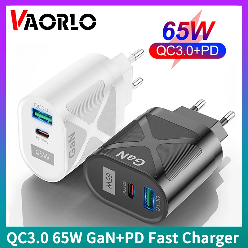 

65W GaN Fast Charger US/EU/UK Plug Type-C PD+QC3.0 USB 5V/6.6A 9V/3A 12V/2.75A 20V/1.67A Quick Charging For Xiaomi iPhone Cable