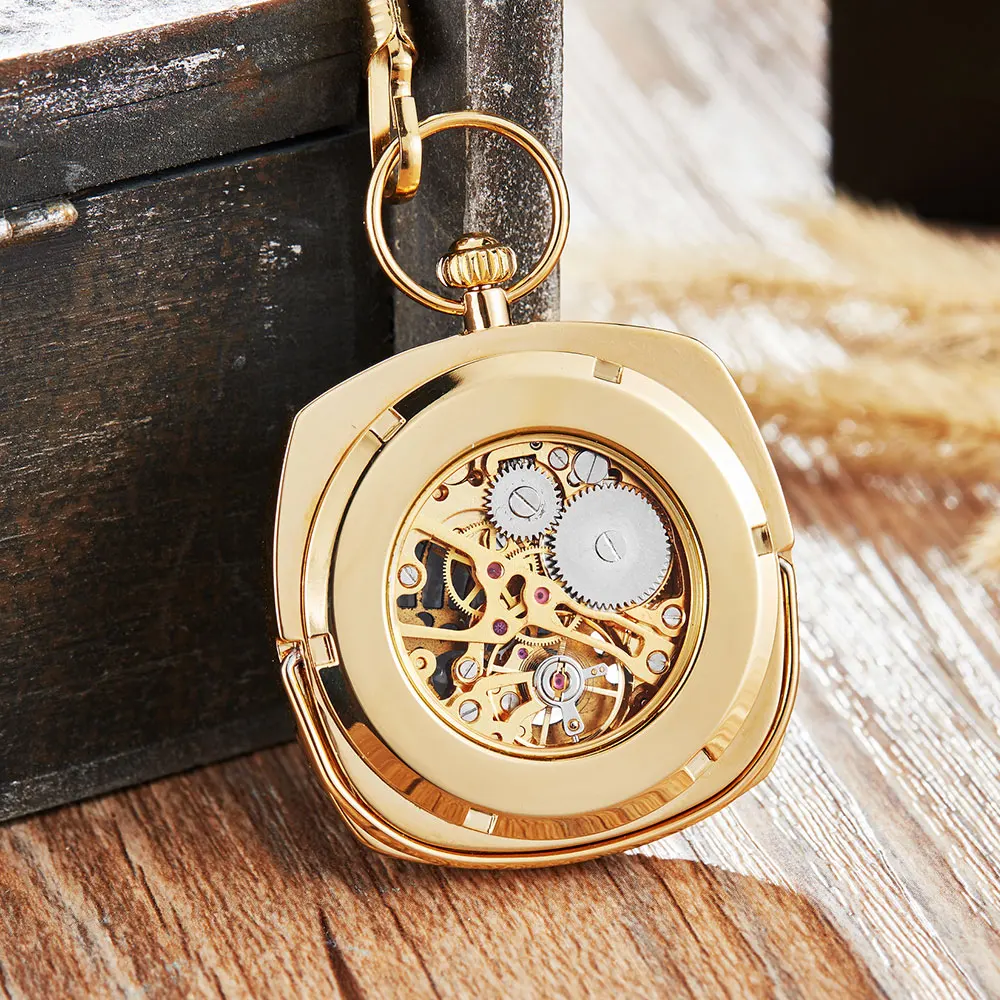 Retro Antique Black Golden  Mechanical Pocket Watch Men Women Blue Roman Numerals Dial Clock Luxury  Skeleton FOB Chain Watches