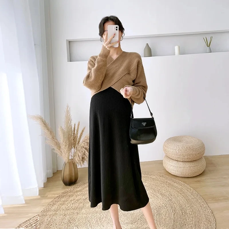 

Pregnancy Maternity Dresses Long Sleeved Pregnant Women Autumn Winter Two-piece Maternity Clothes Dress Sweater Woolen Sundress