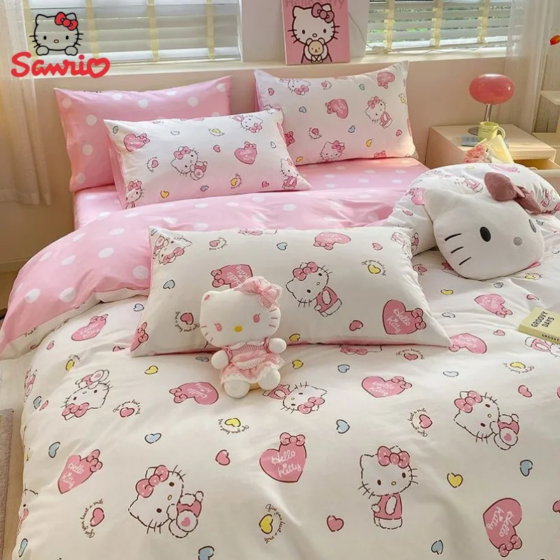 sanrio Hello Kitty cotton four-piece quilt cover  sheet girl cartoon three-piece children's Korean version of ins princess style