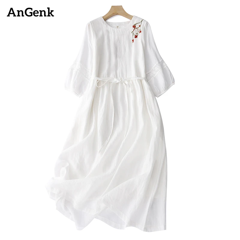 

Женское винтажное платье с вышивкой, однотонное длинное платье, повседневное дышащее белое тонкое платье, элегантная одежда, лето 2023