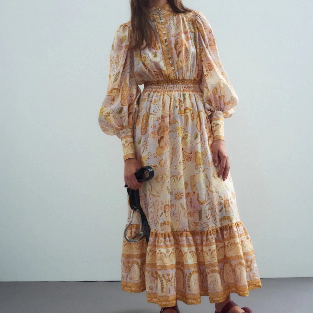 

Early Spring Autumn New Collection 2022 Top Quality Yellow Print Long Sleeve Waist Shirred Women Vintage Midi Dress