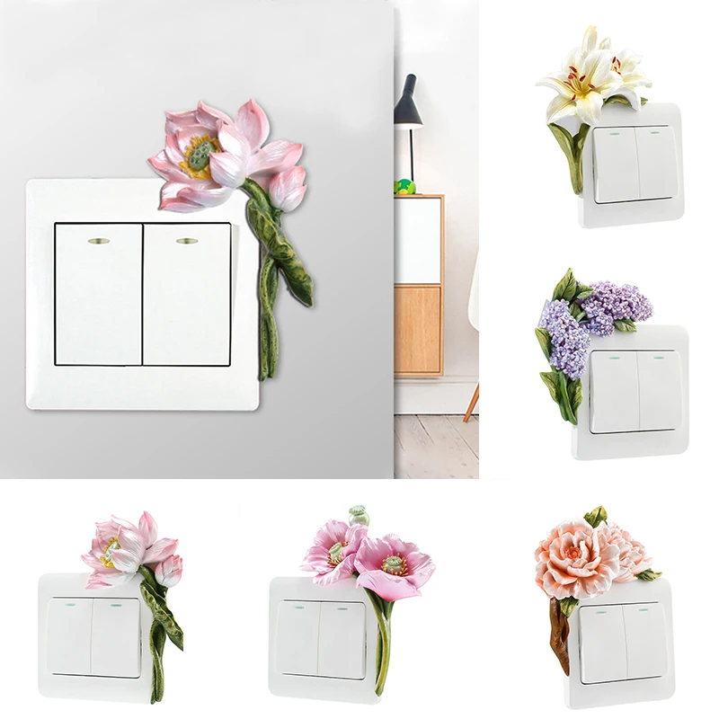 

3D Flower Plant Resin Switch Sticker On-Off Decal Plug Ornament Frame For Sockets Decor Bedroom Switch Sticker Cover Accessories