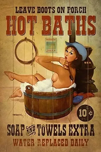 

Vintage Hot Baths Country Western Old West Cowgirl Pin Up Girl Sexy Girl Man Cave Metal Tin Sign Home Bar Kitchen Restaurant
