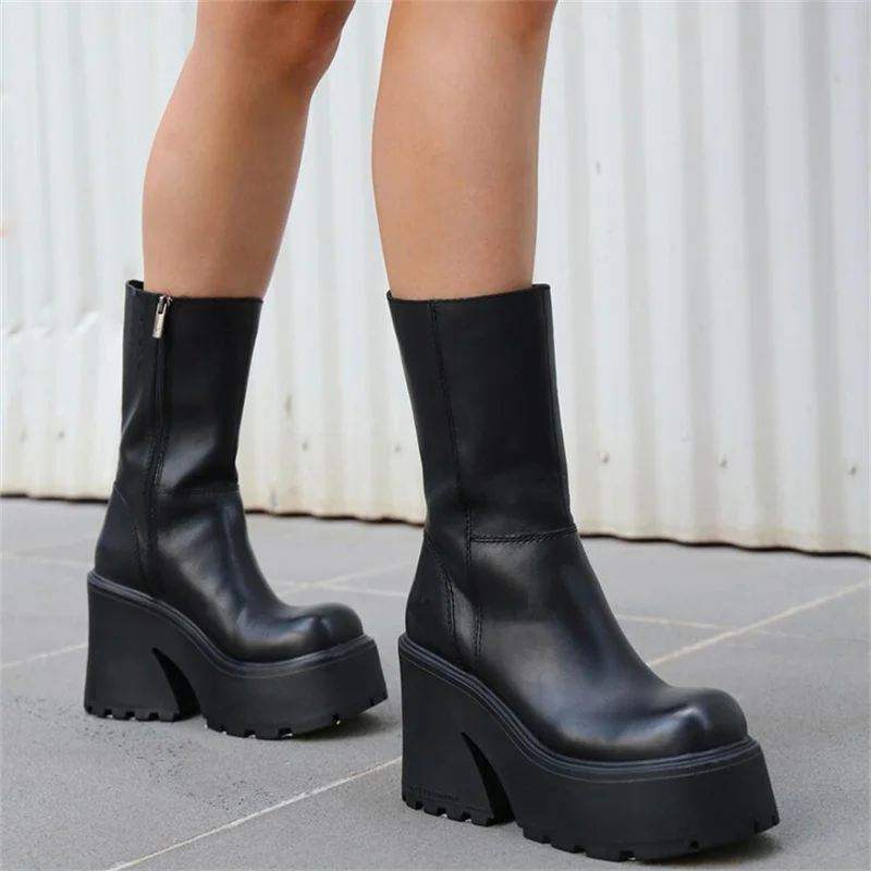 

Street Style Side Zipper Women's Mid Calf Boots Round Toe Thick Bottom Women Platform Boots Solid Color Leisure Botines De Mujer