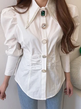 Circyy Women Shirts French Vintage Blouse Spring Button Up Shirt Pointed Collar Long Puff Sleeve Pearl Button Slim White Tops 2