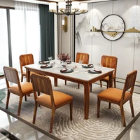 black wood new chinese dining table marble rectangle solid wood dining table and chair combination one table and six chairs