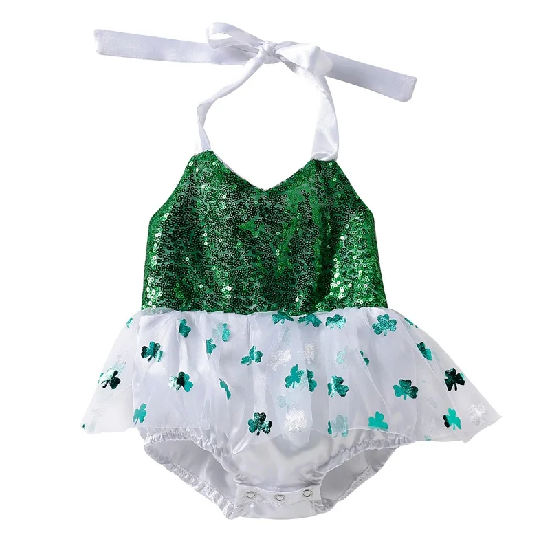 

Infant Baby Girls Romper Dress Sequins Green Clover Print Sleeveless Halter Bodysuit Cute Backless Clothes