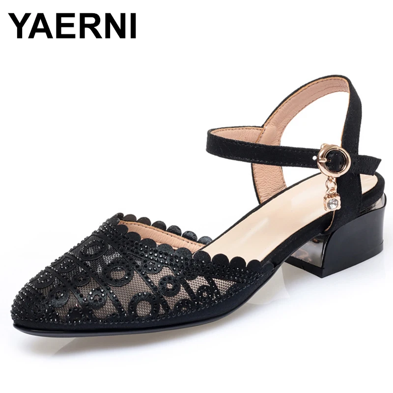 

3.5CM Real Soft Leather Mesh Hollow Sandals Women's Mid Heel Summer New Mom High Heels Peep Toe Chunky Heel Women's Shoes