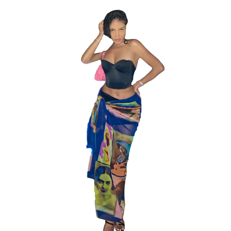 

Sexy Mesh Aesthetic Print Skirts Women Summer Stunning Irregular Shape Unique Style Side Lace Clothing Clubwear Female Outfit