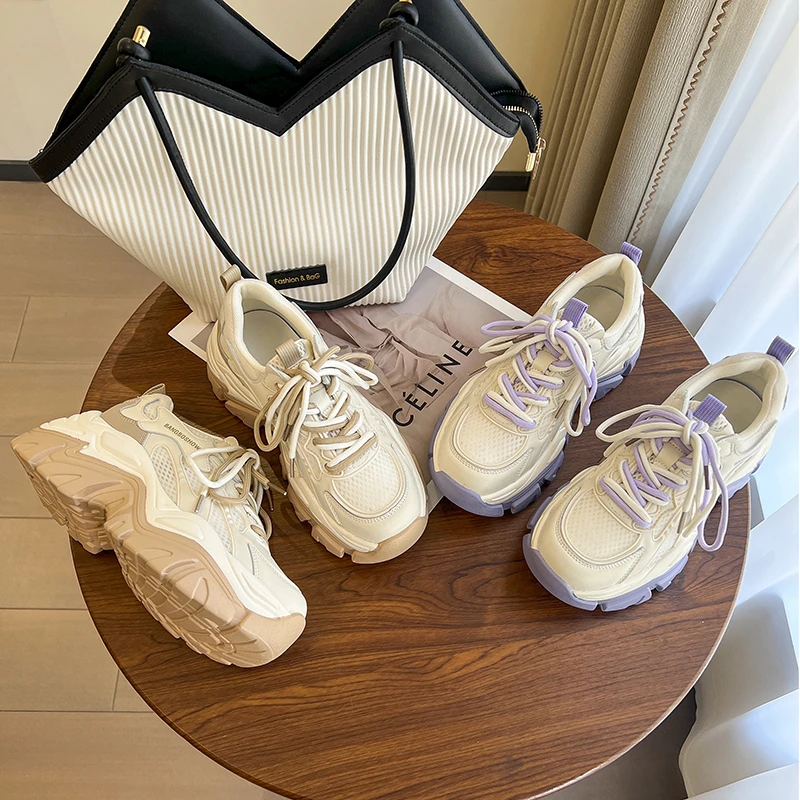 Leather Sports Casual Shoes Female 2023 Summer New Mesh Surface Breathable Increase Women's Shoes Muffin Bottom All Match Sports