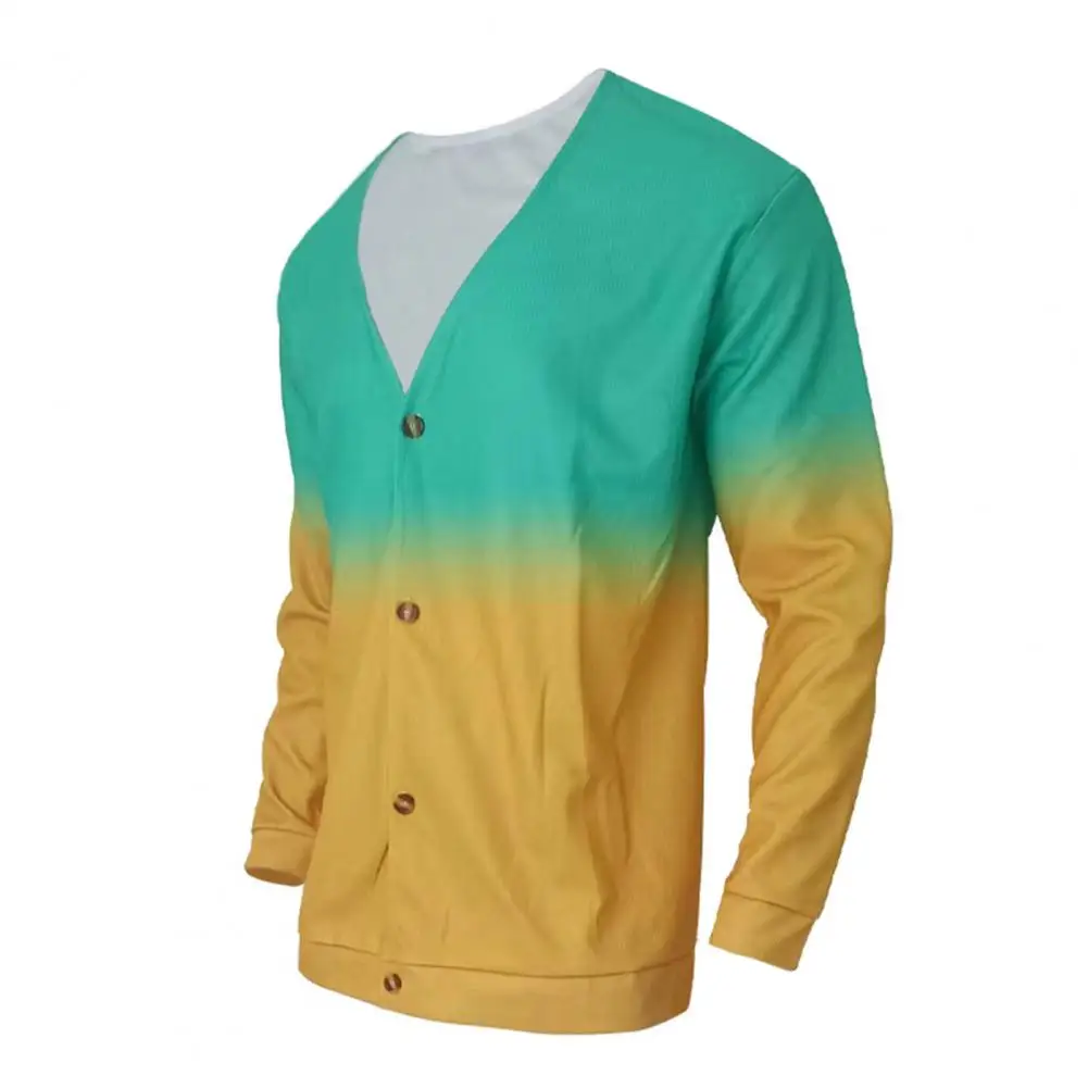 

Thick Jacket Gradient Contrast Color Men's Long Jacket Cardigan Stylish Single-breasted Knitted Waffle Texture for Fall Spring