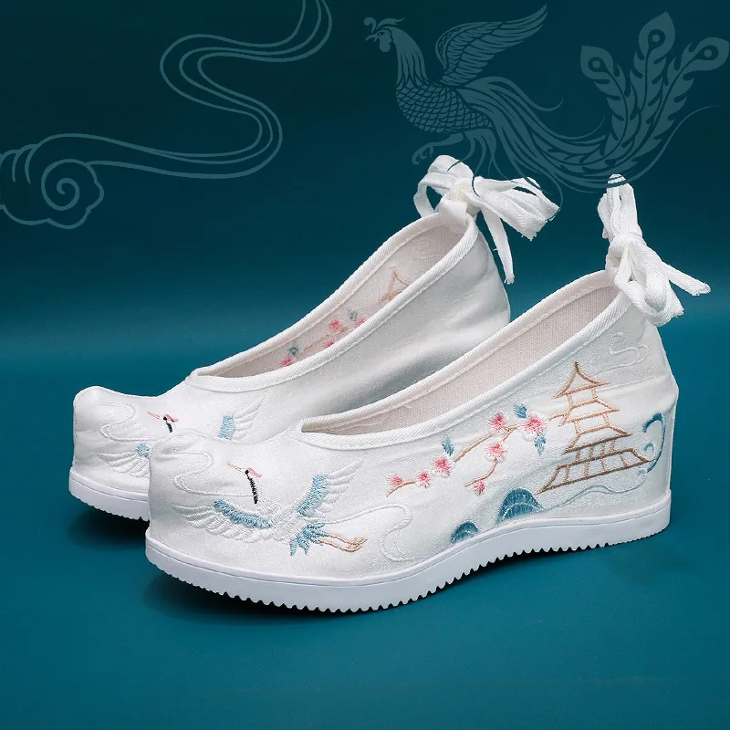 

Pointed Toe Ancient Women Hidden Heels Wedge Shoes Chinese Traditional Hanfu Oriental Lolita Embroidery Phoenix Slip-on Lace-up
