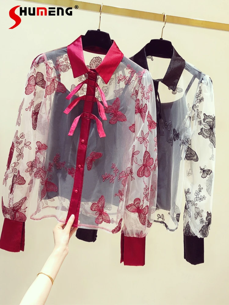 

Women's Luxury Summer Social Blouse Sweet Embroidered Butterfly Mesh See-through Top 2022 Autumn Fairy Women's Long Sleeve Shirt