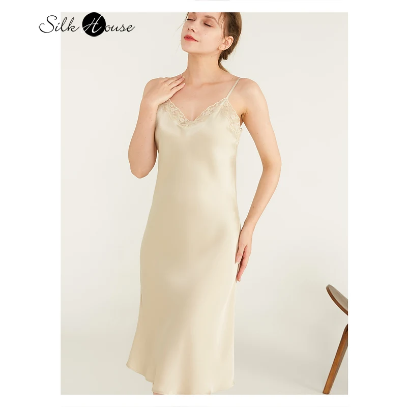 

Lace Stitched 100%Mulberry Silk Suspender Skirt Women's Medium Length Nightdress Silk Smooth Plain Crepe Satin Skirt Summer 2022