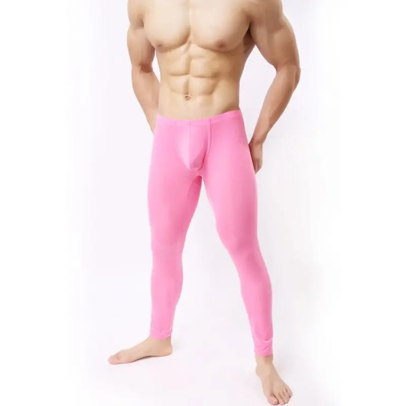 

Pink Thin Ankle Length Drawers Fashion Low Waist Sexy Nylon Long Johns Men‘s Solid Color Youth Casual Fit Big Bag Pajama Pants