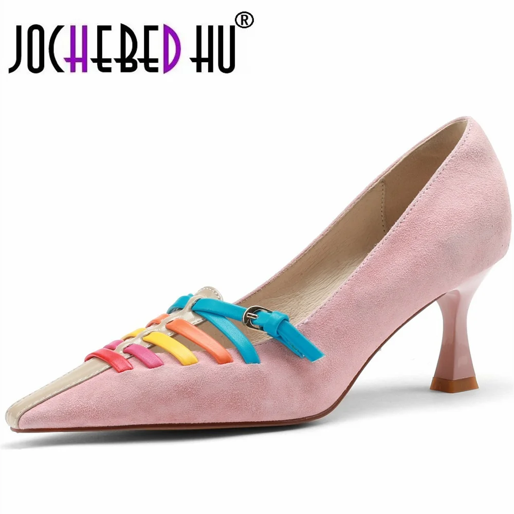 

【JOCHEBED HU】Pink Suede Shallow Women Pumps Pointed Toe Colorful Strap High Heels Black Lady Work Stilettos Design Chaussure