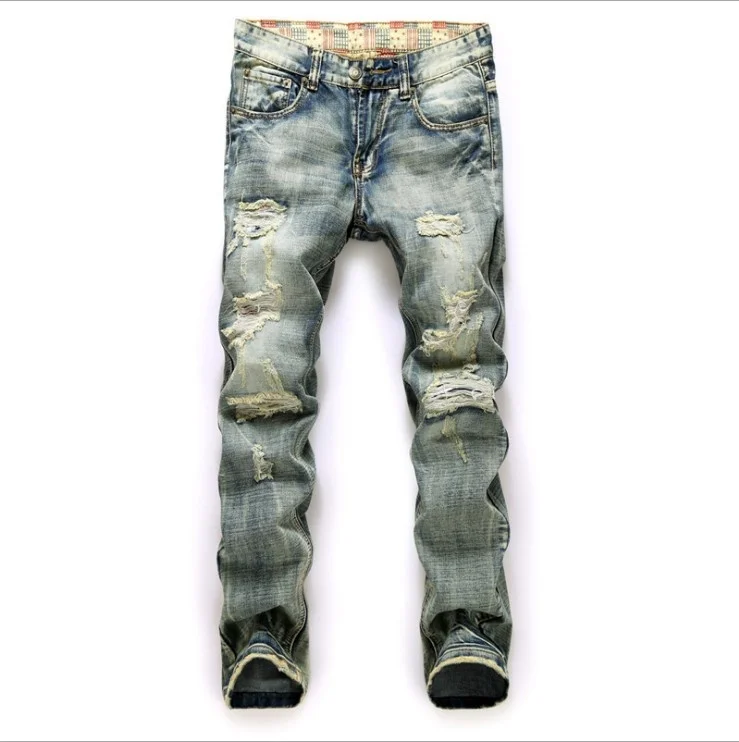 

Men's Jeans Hole Nostalgic Trade More Fabric Frayed Red Flag Denim Trousers Mens Cool Jean Male Long Pants