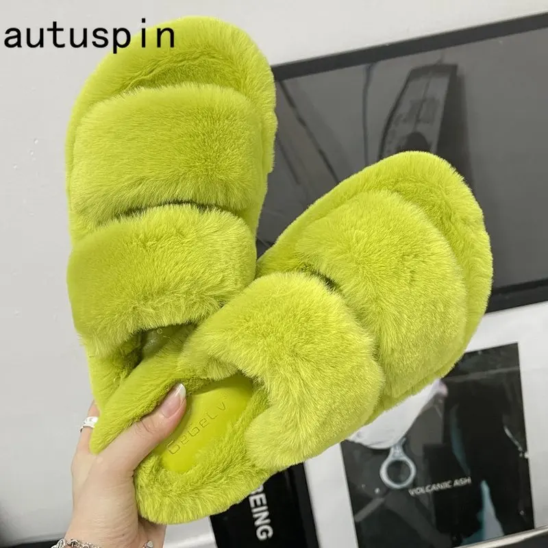 

Autuspin New Women Slippers Winter Fashion Comfortable Flats Platform Warm Plush Shoes Ladies Outside Street Style Slides Woman