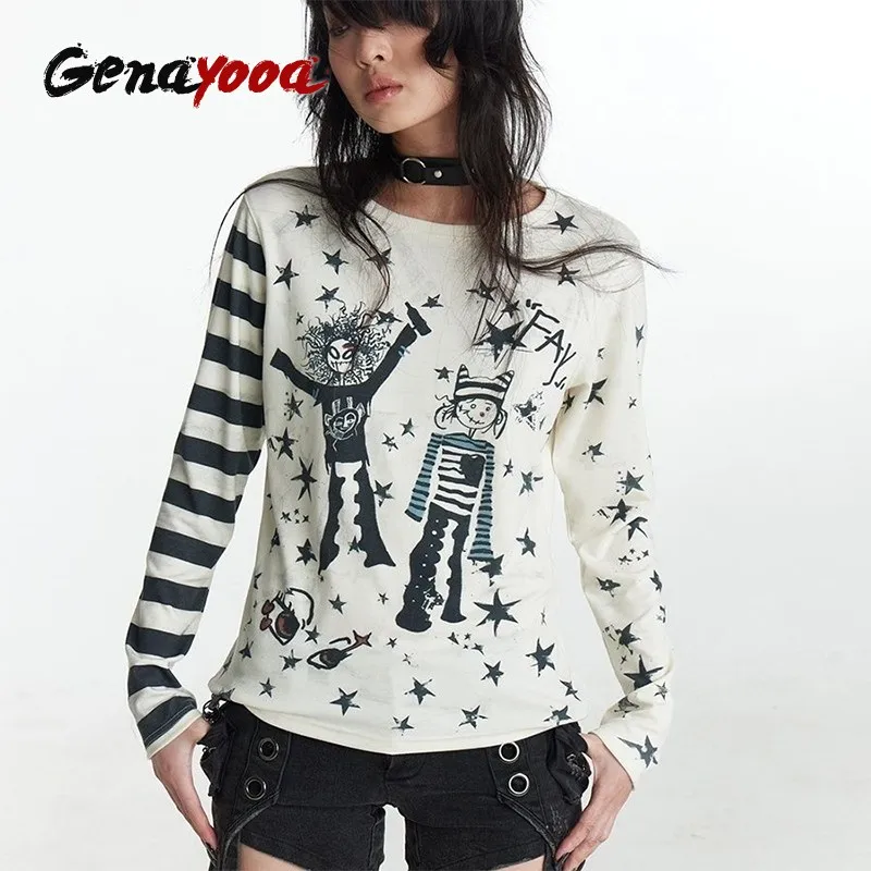 Genayooa Y2k Pritn футболка женская в стиле пэчворк с длинным рукавом повседневные