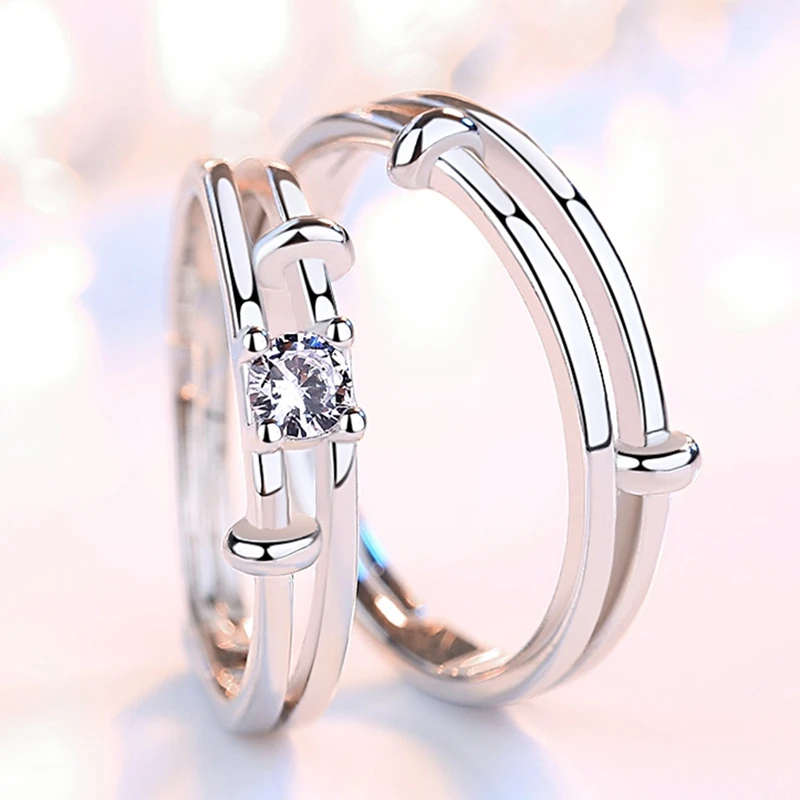 

New 925 Silver Plated Couple Rings For Lovers Zircon Adjustable Opening Ring Women Men Engagement Wedding Jewelry Accessories