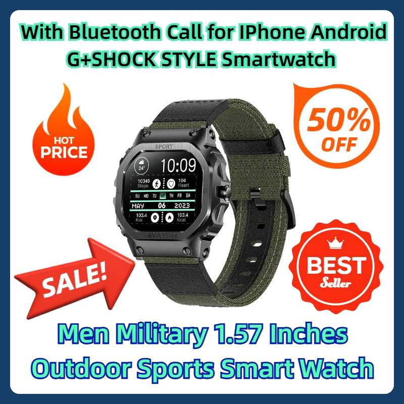 С Bluetooth-вызовом для IPhone Android G + SHOCK STYLE Смарт-часы Мужские военные 1 57 дюймов