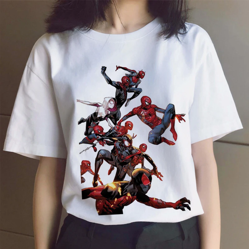 

Disney Spiderman 3 New Funny Print Women White and Black Shirts Fashion Round Neck Short Sleeve T-Shirt Summer Tees Casual Tops